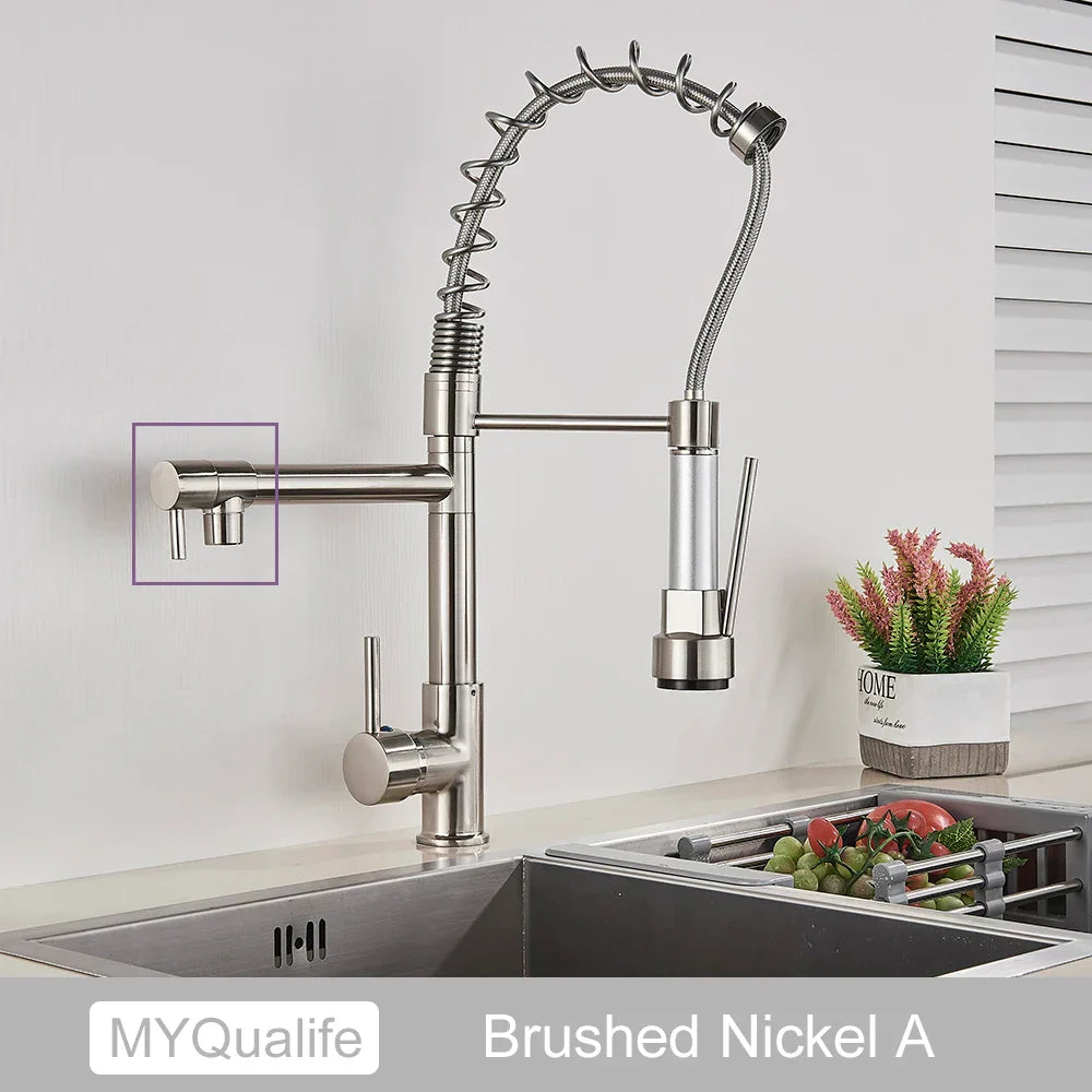 DecorBites™ Black Brass Kitchen Faucet with Dual Spout, 360 Rotation, Deck Mounted