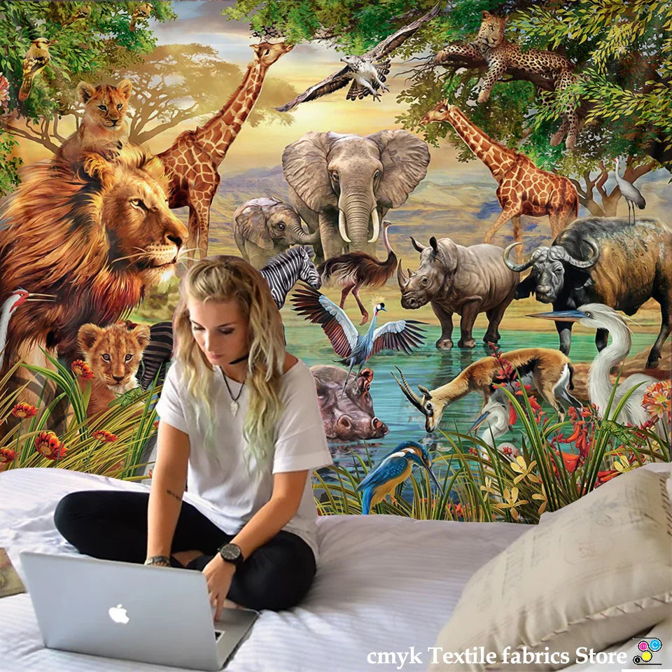 DecorBites™ Lion Tapestry African Grassland Animals Cartoon Wall Hanging Blanket