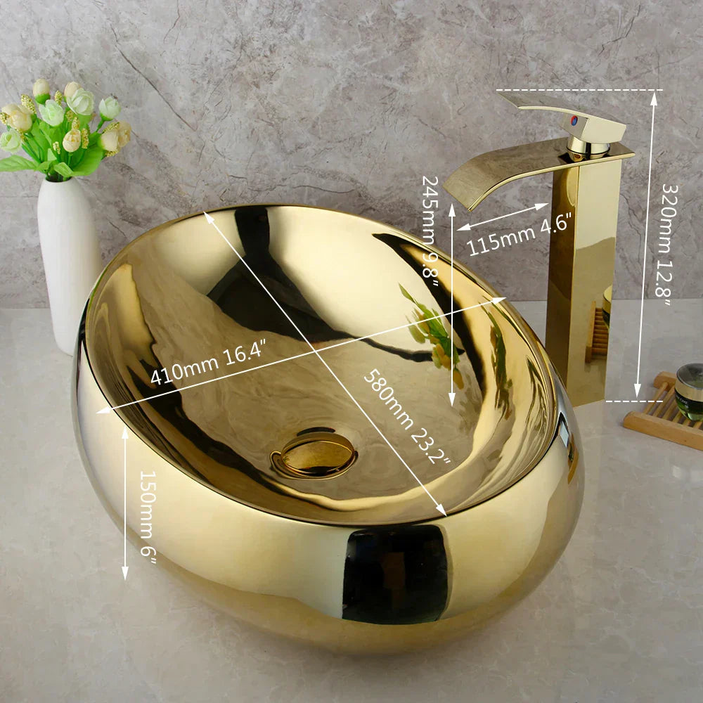 DecorBites™ Golden Plated Ceramic Basin Sink & Faucet Tap Set with Pop Drain