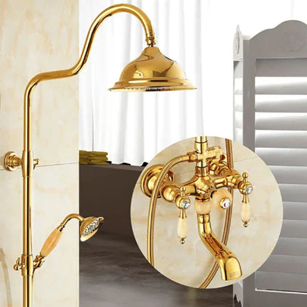 طقم دش حمام DecorBites™ نحاسي ذهبي جاد، صنبور دش مطري يدوي يثبت على الحائط