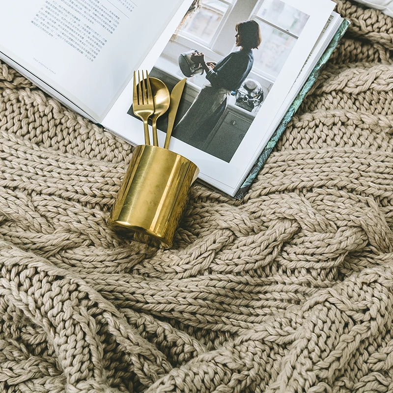 Couverture en laine tricotée épaisse beige kaki DecorBites™
