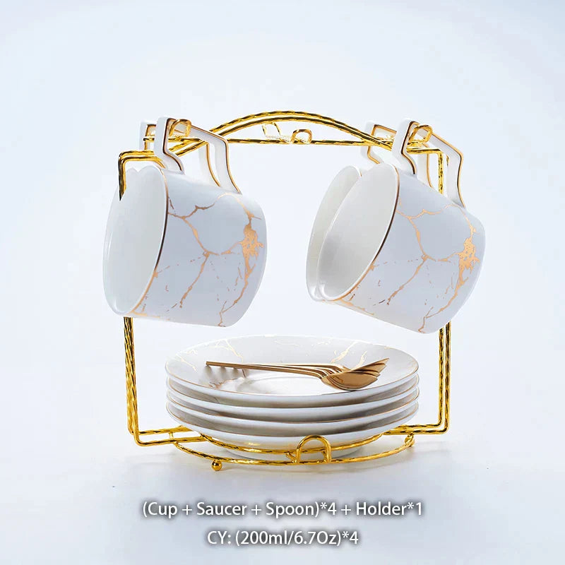 DecorBites™ 200ml Marble Ceramic Tea Set with Spoon and Saucer