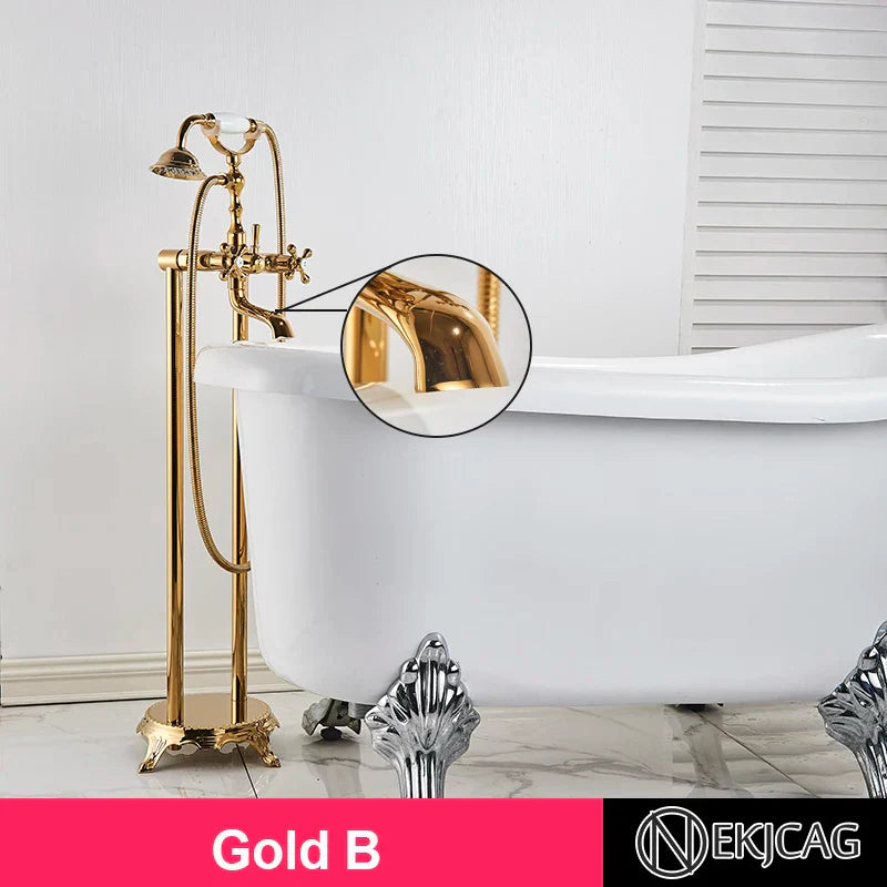 صنبور دش حوض استحمام قائم بذاته بمقبض مزدوج بتصميم مخلب من DecorBites™، خلاط ذهبي مصقول