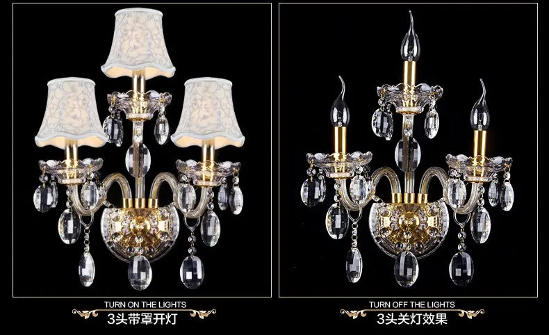مصباح حائط ذهبي من الكريستال K9 من DecorBites™ مع مصابيح LED وأباجورات، ضوء سرير فاخر