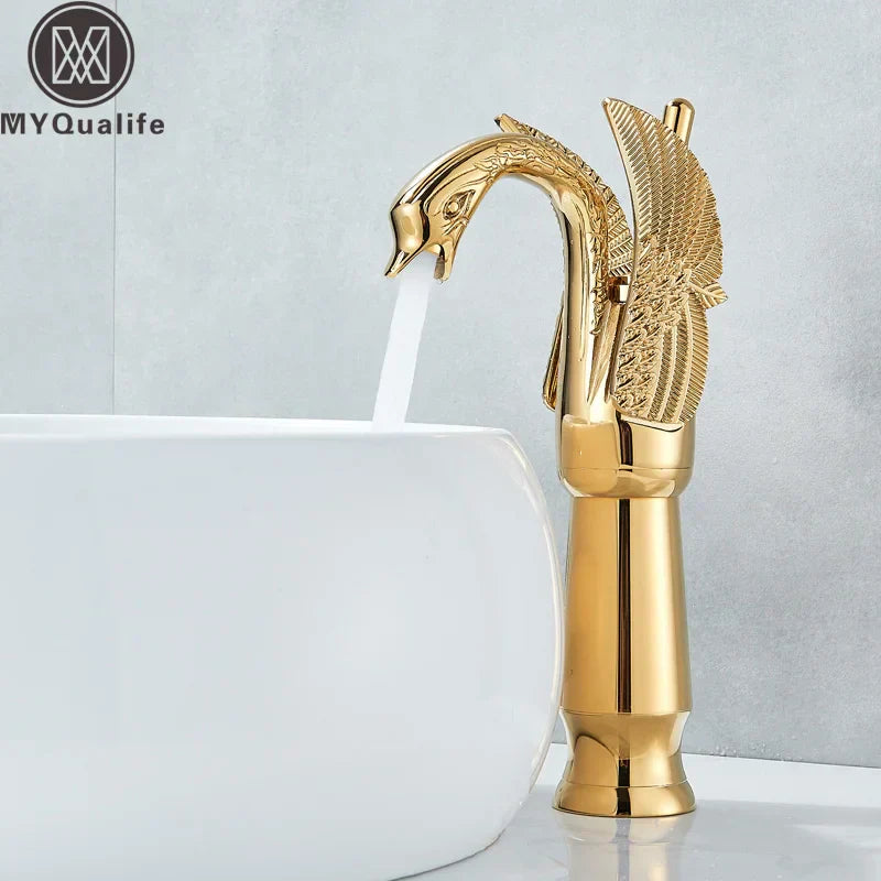 DecorBites™ خلاط حوض حمام بتصميم البجعة الذهبية - صنبور حوض يثبت على السطح بمقبض واحد