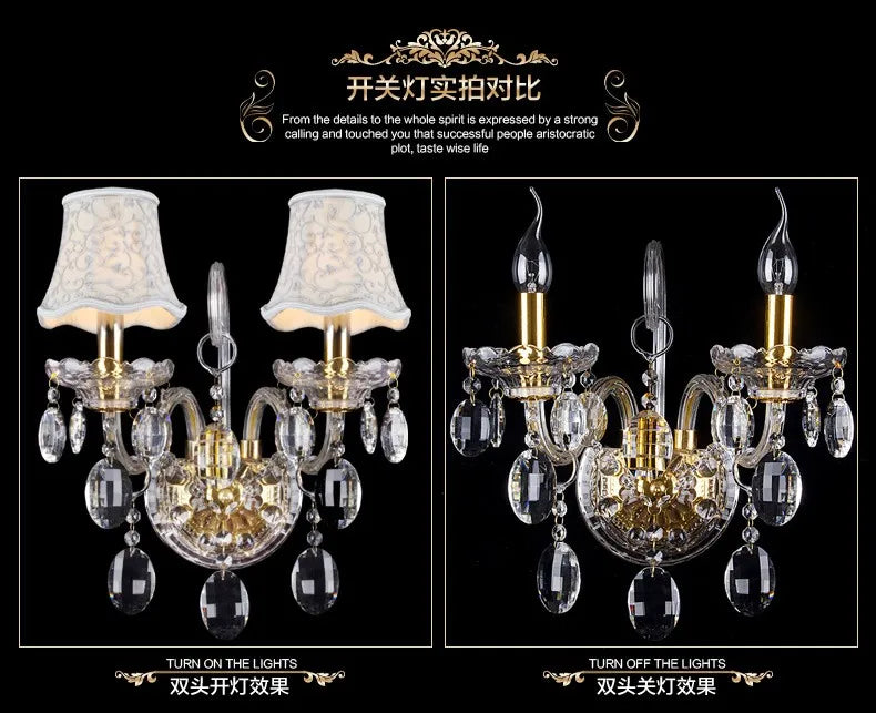 مصباح حائط ذهبي من الكريستال K9 من DecorBites™ مع مصابيح LED وأباجورات، ضوء سرير فاخر