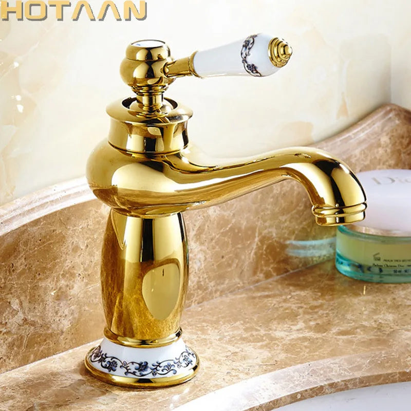 صنبور حوض فاخر عصري بتصميم DecorBites™ الذهبي، بمقبض واحد للمياه الساخنة والباردة من النحاس