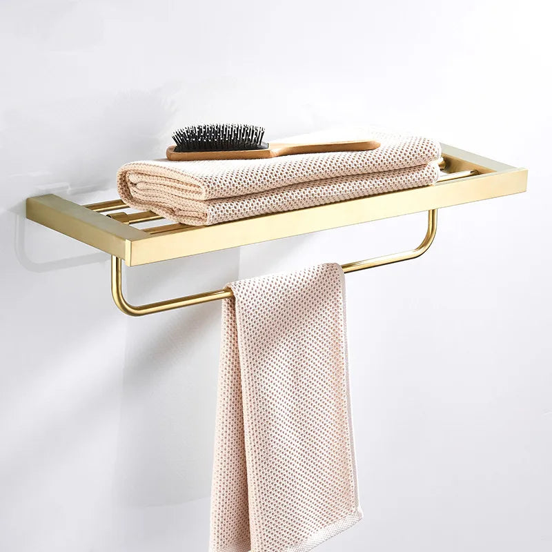 DecorBites™ Bath Set: Towel Rack, Corner Shelf, Paper Holder, Mixer Faucet - Brushed Matt Gold