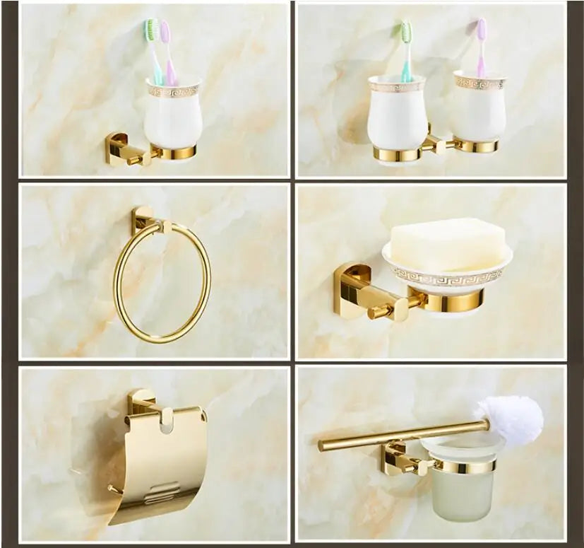 DecorBites™ طقم إكسسوارات حمام نحاسي ذهبي: رف مناشف، حامل ورق تواليت، حامل فرشاة تواليت، علاقة مناشف، خطافات