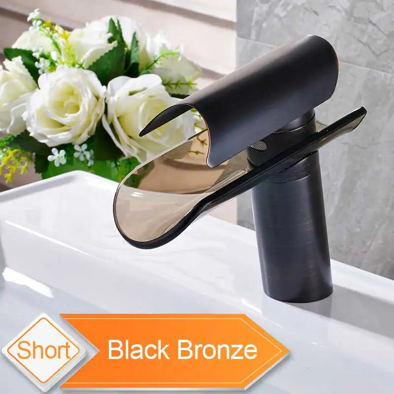 DecorBites™ Black Bronze Glass Spout Waterfall Basin Mixer Tap - Deck Mounted Countertop Faucet
