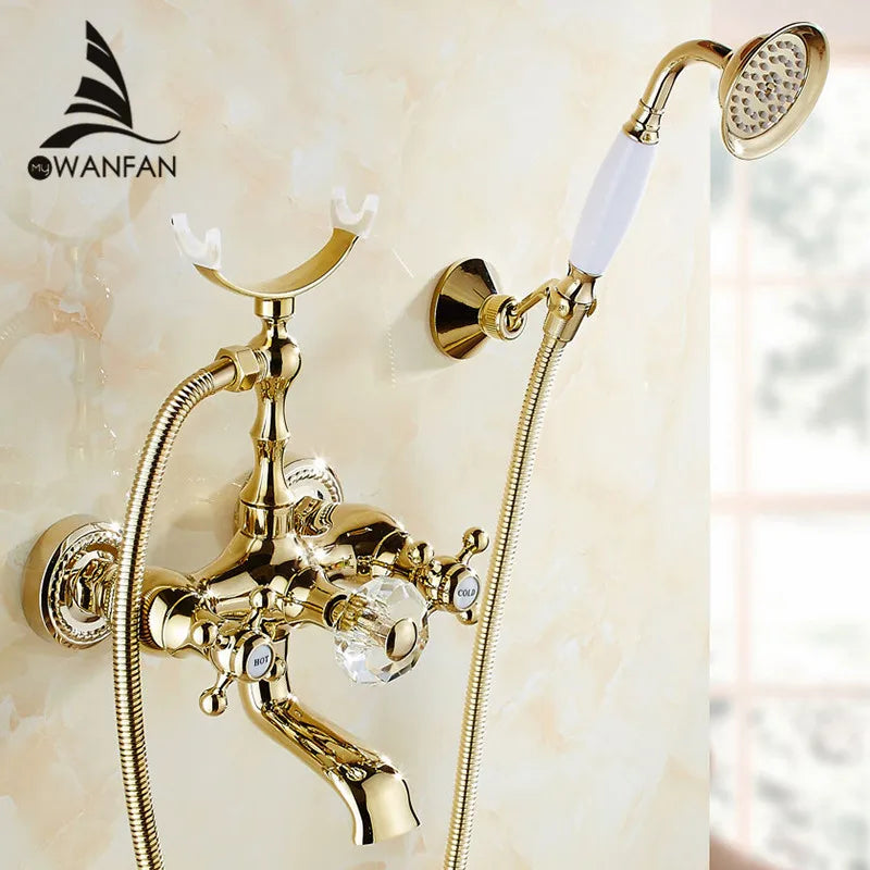 DecorBites™ خلاط حوض استحمام يثبت على الحائط من النحاس الذهبي مع دش يدوي