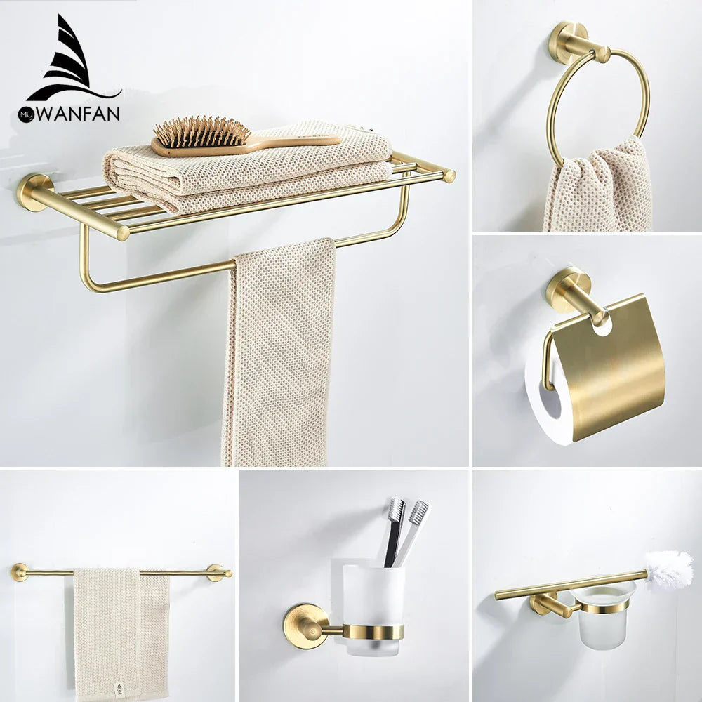 DecorBites™ طقم إكسسوارات حمام البجعة الذهبية: رف مناشف، حامل ورق تواليت، حامل مناديل رول