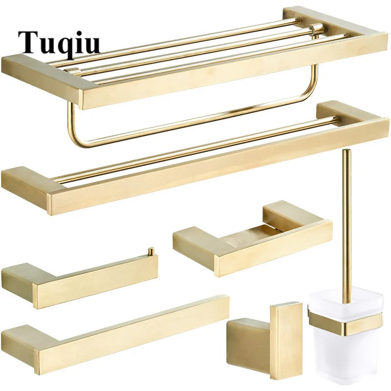 DecorBites™ Bath Set: Towel Rack, Corner Shelf, Paper Holder, Mixer Faucet - Brushed Matt Gold