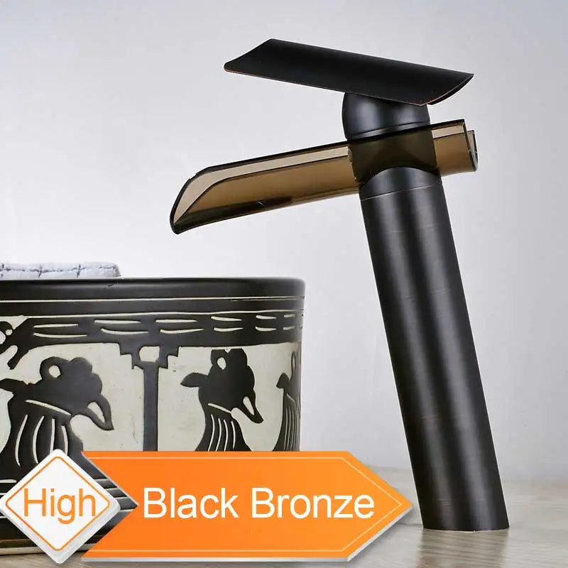 DecorBites™ Black Bronze Glass Spout Waterfall Basin Mixer Tap - Deck Mounted Countertop Faucet