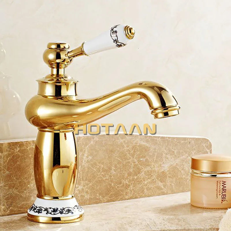 صنبور حوض فاخر عصري بتصميم DecorBites™ الذهبي، بمقبض واحد للمياه الساخنة والباردة من النحاس