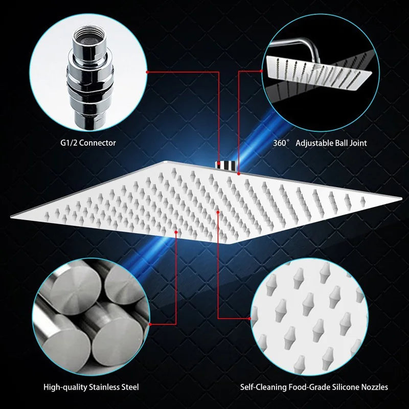 DecorBites™ 12-Inch Stainless Steel Square Rainfall Shower Head - Chrome Luxury Bathroom Fixture