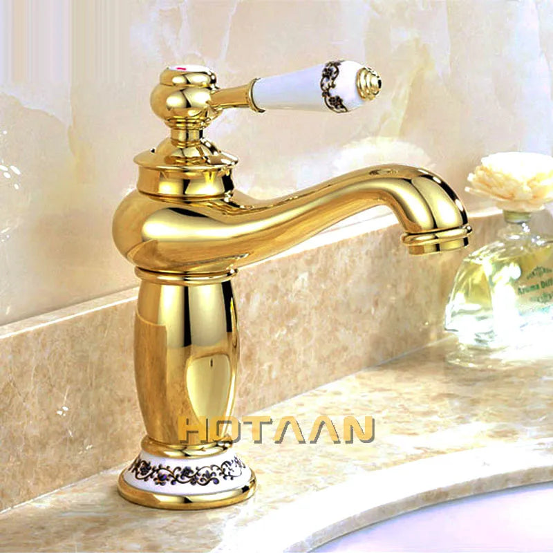 صنبور حوض فاخر عصري بتصميم DecorBites™ الذهبي، بمقبض واحد للمياه الساخنة والباردة من النحاس