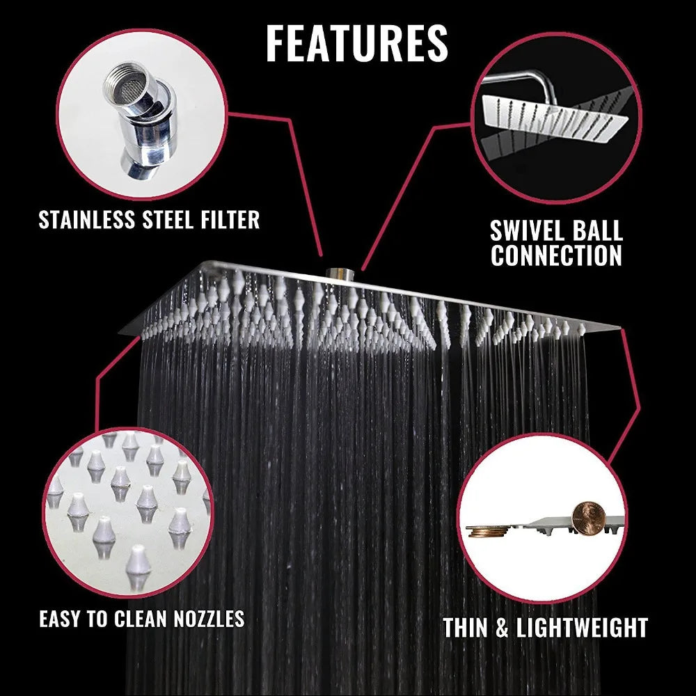 DecorBites™ 16" Stainless Steel Ultrathin Rainfall Shower Head Chrome - Large Flow