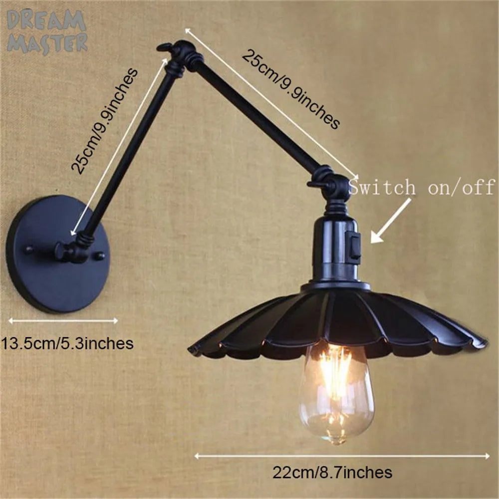 DecorBites™ Industrial Swing Arm Wall Lamp Black Switch On Off Sconces Iron