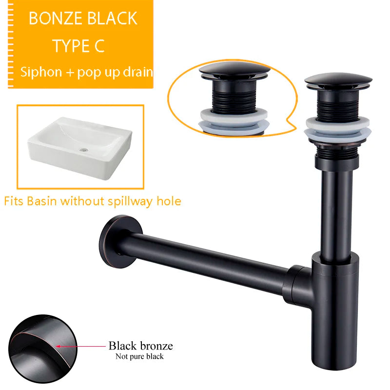 DecorBites™ Bathroom Basin Sink Tap Bottle Trap Drain Kit Waste Pop Drain Chrome/Black/Bronze