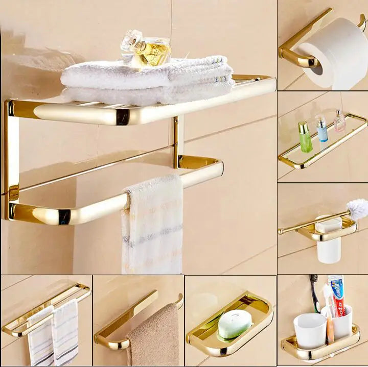 طقم إكسسوارات حمام ذهبي DecorBites™: رف مناشف، قضيب مناشف، حامل ورق، شماعة ملابس