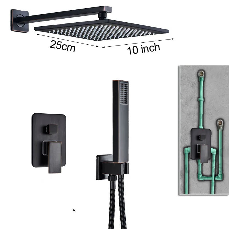 DecorBites™ Black Brass Shower Faucet with 2-Way Mixer, Handshower and Rainfall Head
