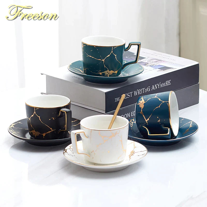 DecorBites™ 200ml Marble Ceramic Tea Set with Spoon and Saucer