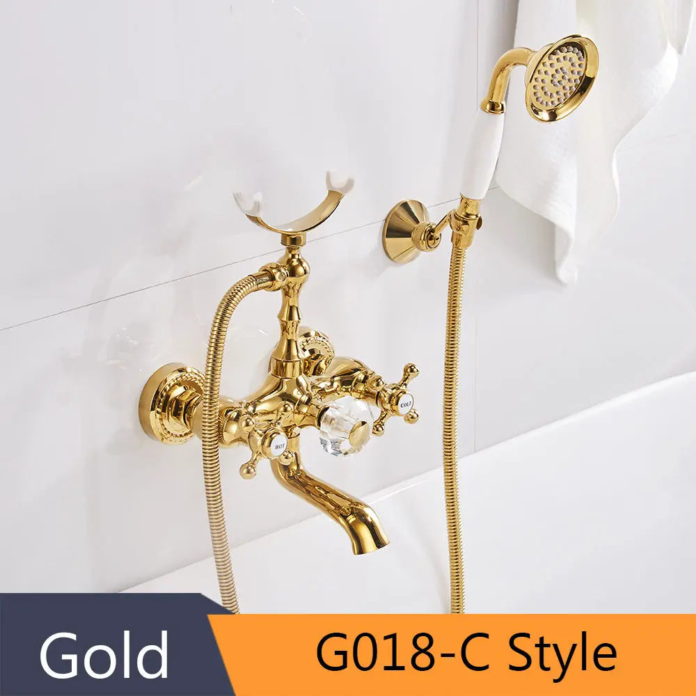DecorBites™ خلاط حوض استحمام يثبت على الحائط من النحاس الذهبي مع دش يدوي