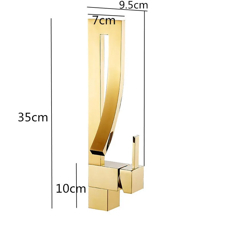 Robinet de lavabo carré DecorBites™ en laiton doré, mitigeur chaud/froid à poignée unique