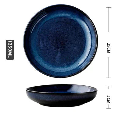 طقم أواني طعام من السيراميك الياباني أزرق DecorBites™ - وعاء أرز، طبق، ملعقة، وعاء أودون رامين، طبق شوربة