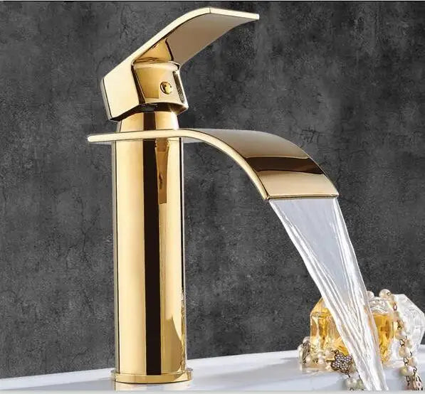 DecorBites™ Gold Waterfall Bathroom Faucet Single Handle Basin Mixer Tap Brass Sink Crane