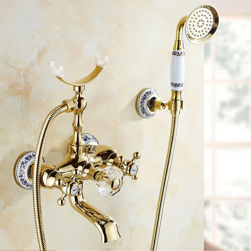DecorBites™ خلاط حوض استحمام يثبت على الحائط من النحاس الذهبي مع دش يدوي