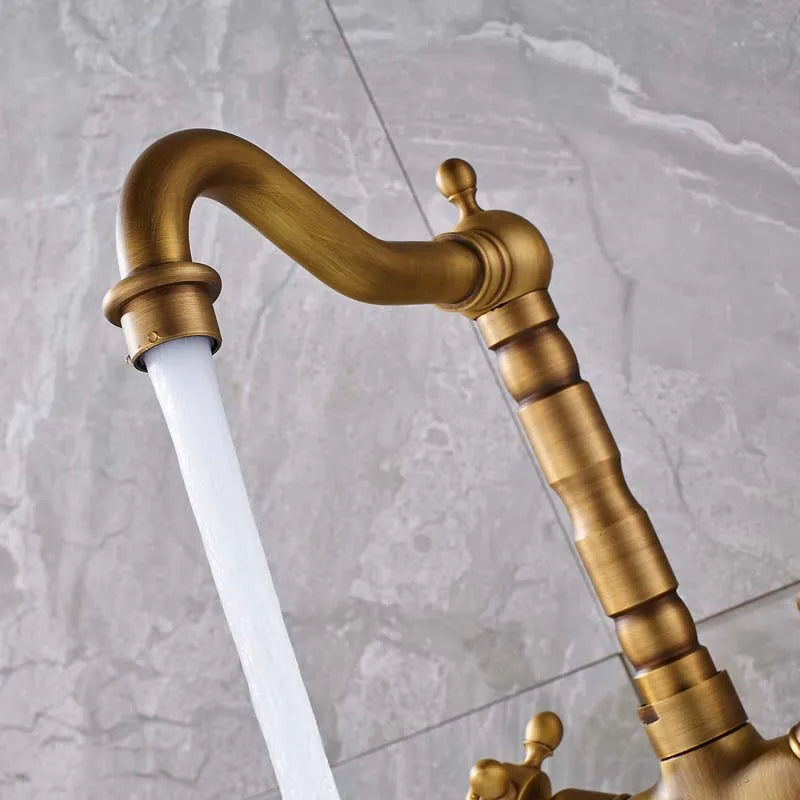 DecorBites™ Dual Handle Swivel Sink Faucet Antique Brass Mixer Tap for Bathroom Kitchen