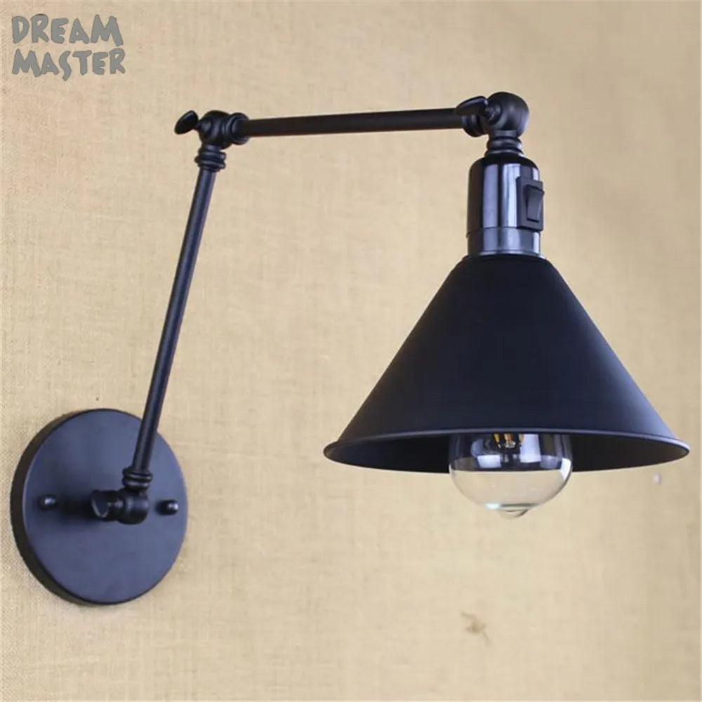 DecorBites™ Industrial Swing Arm Wall Lamp Black Switch On Off Sconces Iron