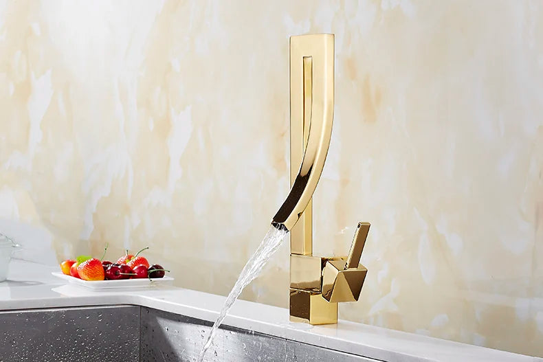 Robinet de lavabo carré DecorBites™ en laiton doré, mitigeur chaud/froid à poignée unique