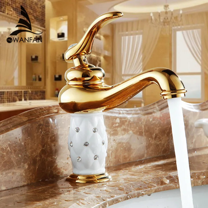 DecorBites™ صنبور حوض ماسي من النحاس الذهبي بمقبض واحد للمياه الساخنة والباردة
