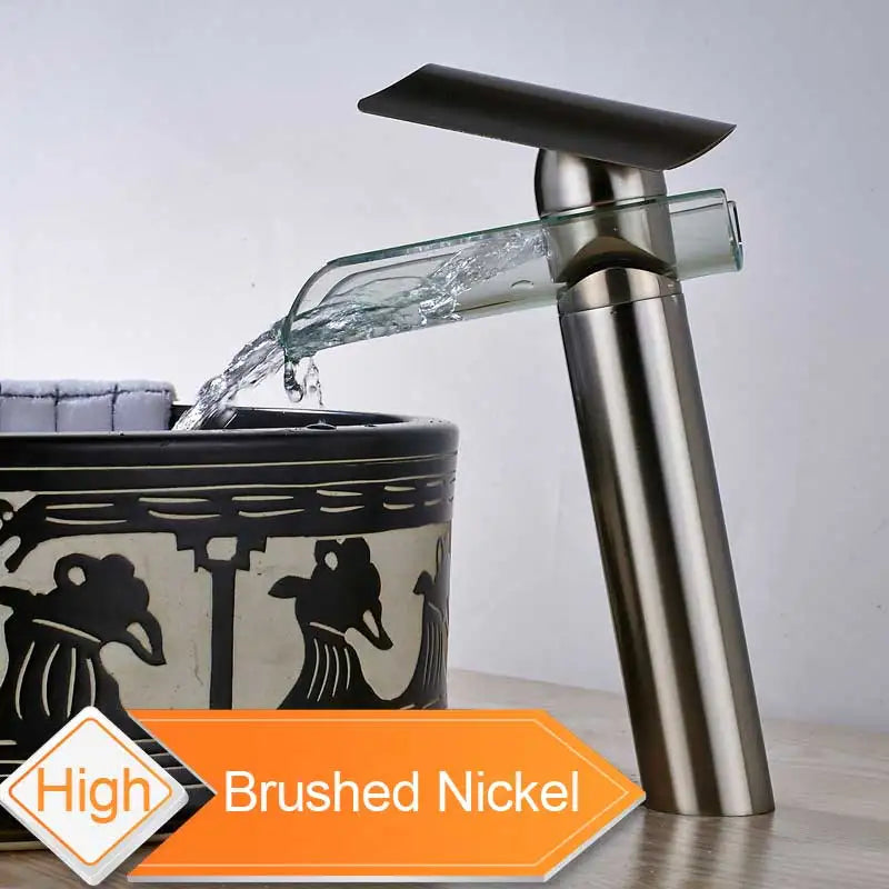 DecorBites™ Black Bronze Glass Spout Waterfall Basin Mixer Tap - Deck Mounted Countertop Faucet