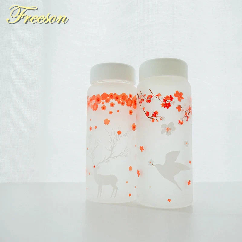 DecorBites™ 430ml Swallow Frost Glass Water Bottle with Sleeve, Elk Design