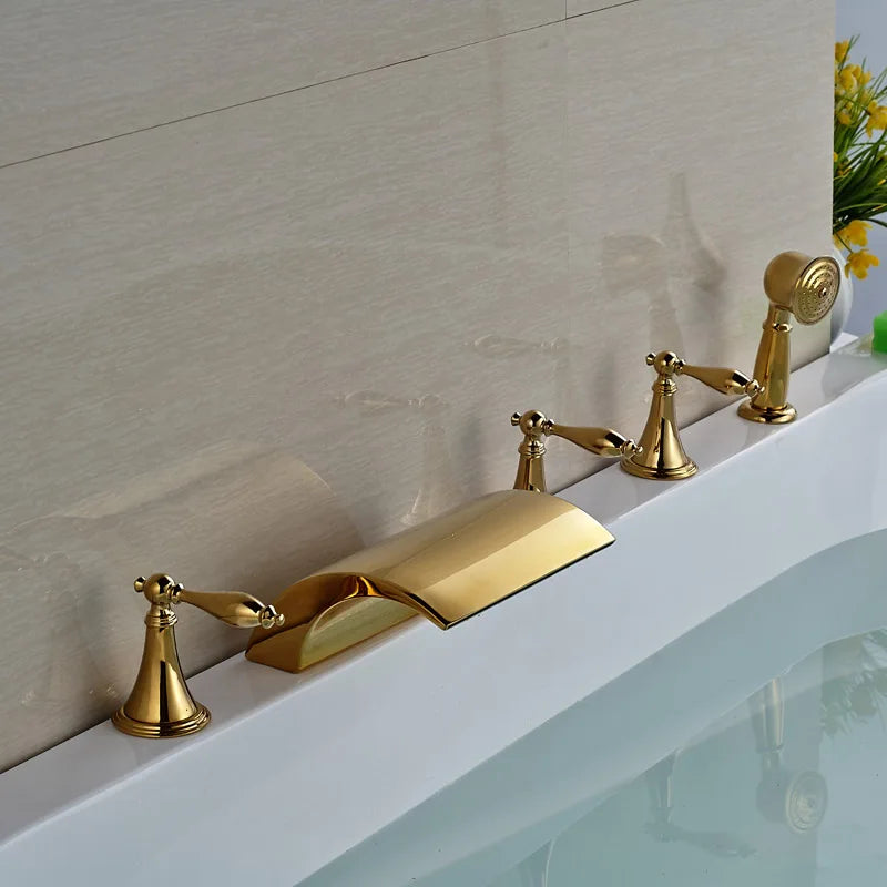 DecorBites™ Golden Brass Bathtub Faucet with Handheld Shower - Deck Mounted