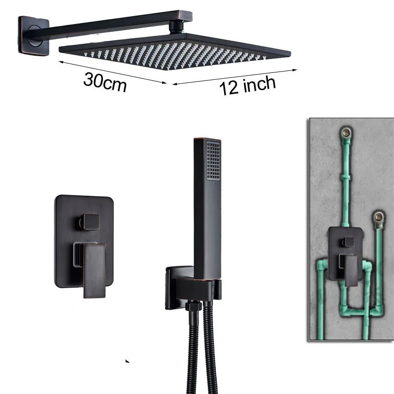 DecorBites™ Black Brass Shower Faucet with 2-Way Mixer, Handshower and Rainfall Head