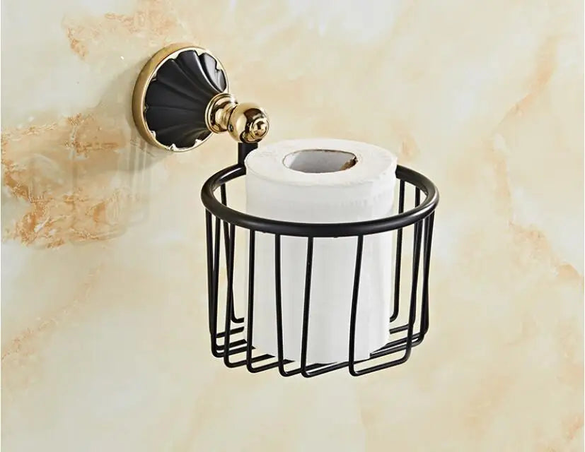 طقم إكسسوارات حمام DecorBites™ ذهبي وأسود، علاقة مناشف، حامل فرشاة تواليت، حامل ورق
