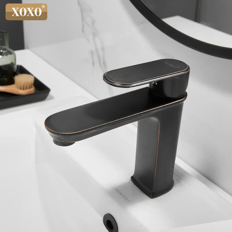 DecorBites™ Black Finish Brass Basin Faucet Hot Cold Water Mixer Tap Single Handle