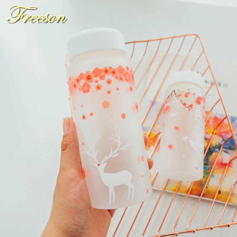 DecorBites™ 430ml Swallow Frost Glass Water Bottle with Sleeve, Elk Design