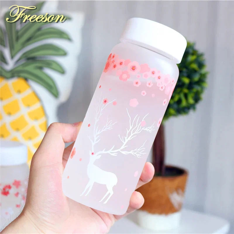DecorBites™ 430ml Swallow Frost Glass Water Bottle with Sleeve, Elk Design