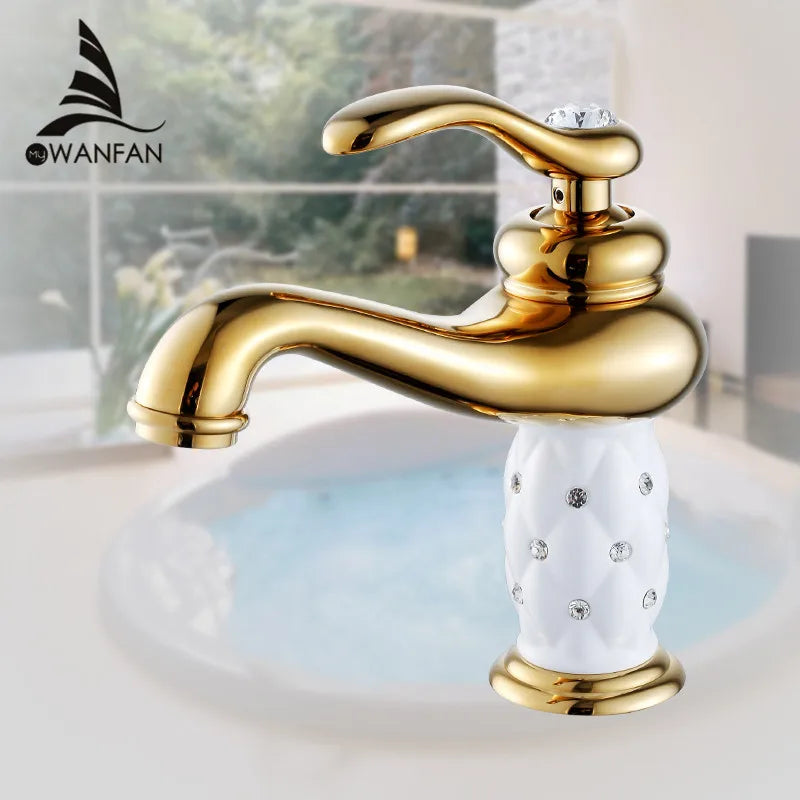 DecorBites™ صنبور حوض ماسي من النحاس الذهبي بمقبض واحد للمياه الساخنة والباردة