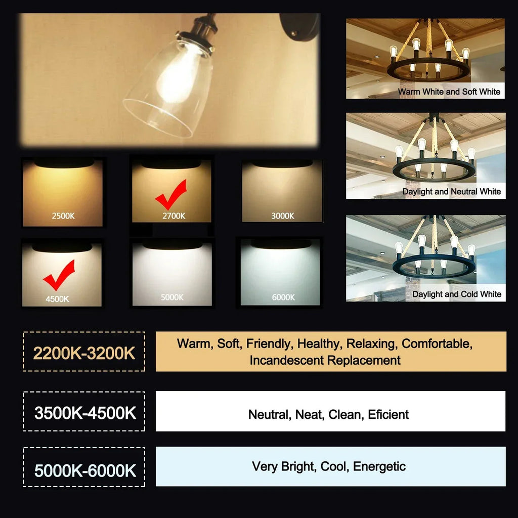 DecorBites™ لمبة ليد متوهجة A19 6W 4500K ضوء نهاري أبيض دافئ E26 E27