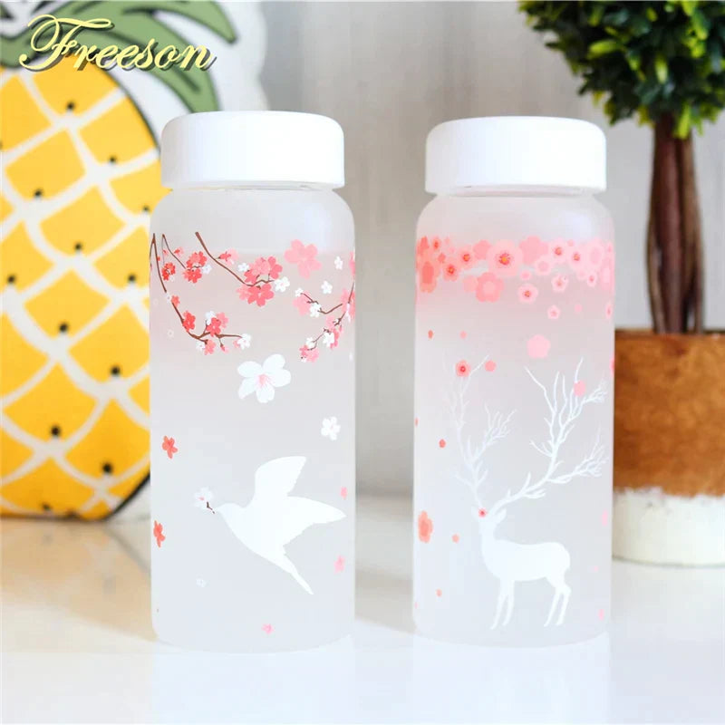DecorBites™ 430ml Swallow Frost Glass Water Bottle with Sleeve, Elk Design