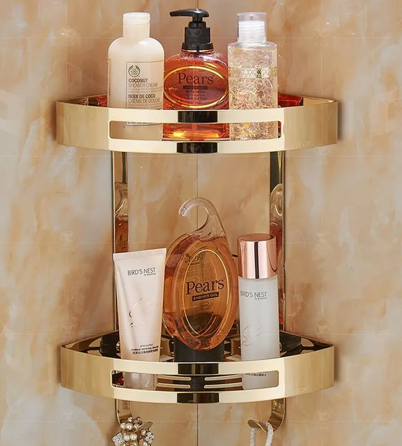 DecorBites™ Gold Stainless Steel Bathroom Corner Shelf – Rose Gold Shower Caddy