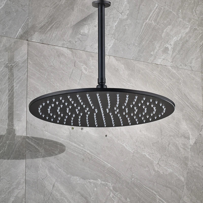 DecorBites™ 16" Black Round Brass Ceiling Mounted Large Rain Shower Head Faucet