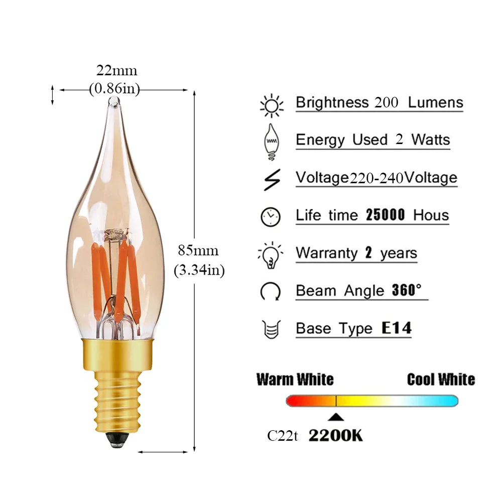 DecorBites™ لمبة ليد متوهجة C22T ذهبية اللون شمعة E12 2 واط 2200 كلفن لتزيين الثريا